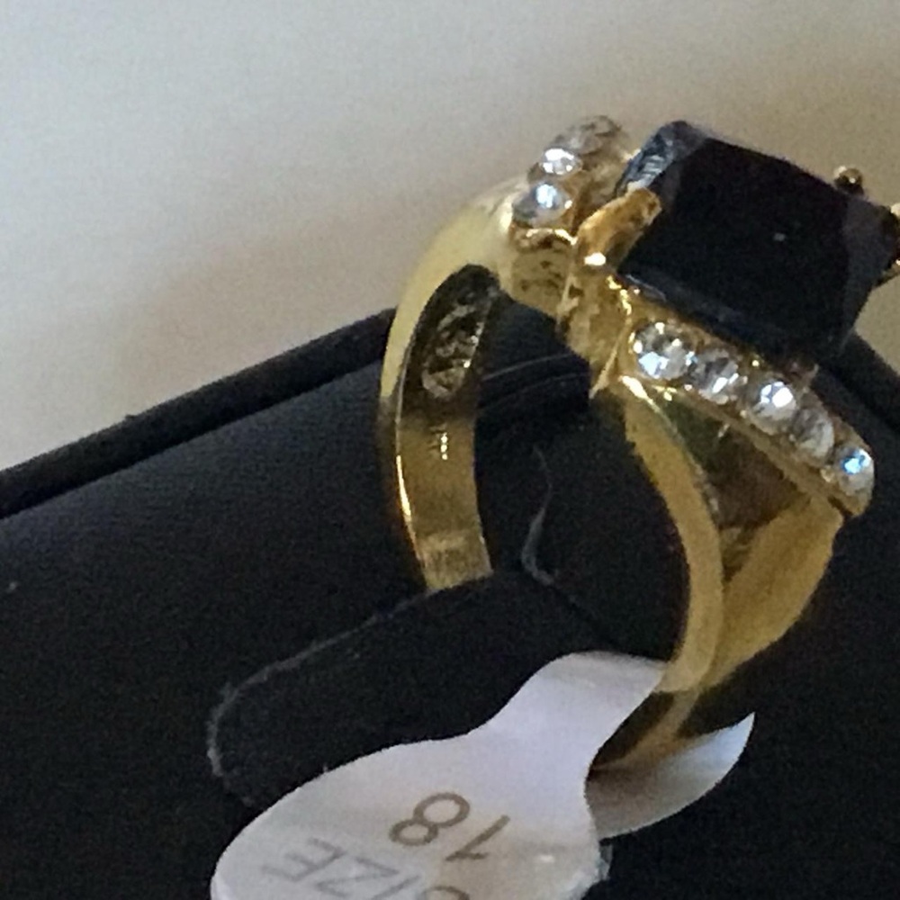 Gold Ring with Black Stone and Crystal Accents